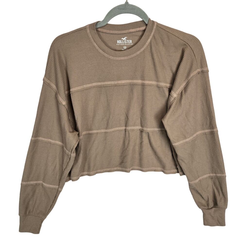 Hollister Tan Thermal XS Exposed Seams Long Sleeve Crop Knit Neutral Earthy Top